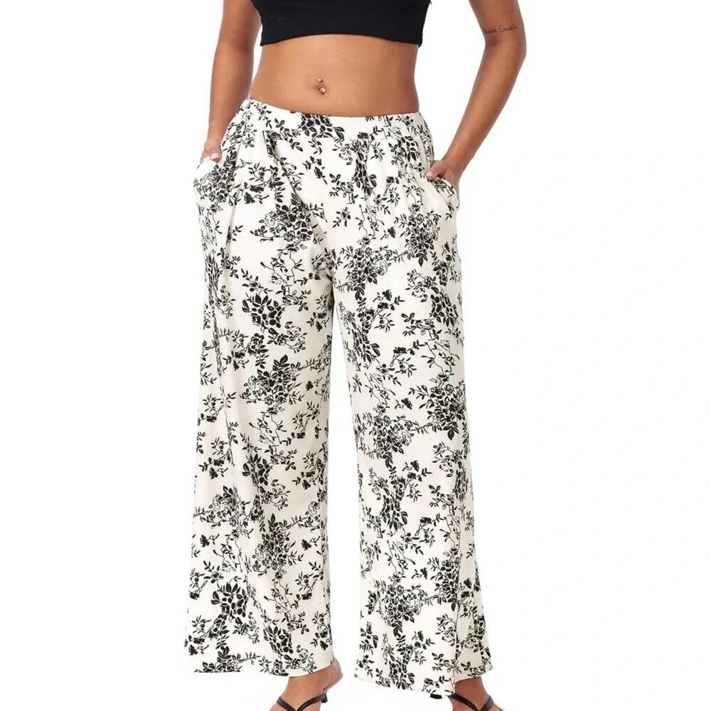 Cider White Black Floral Wide Leg Ribbed Knit Palazzo Pants Women's Size Small